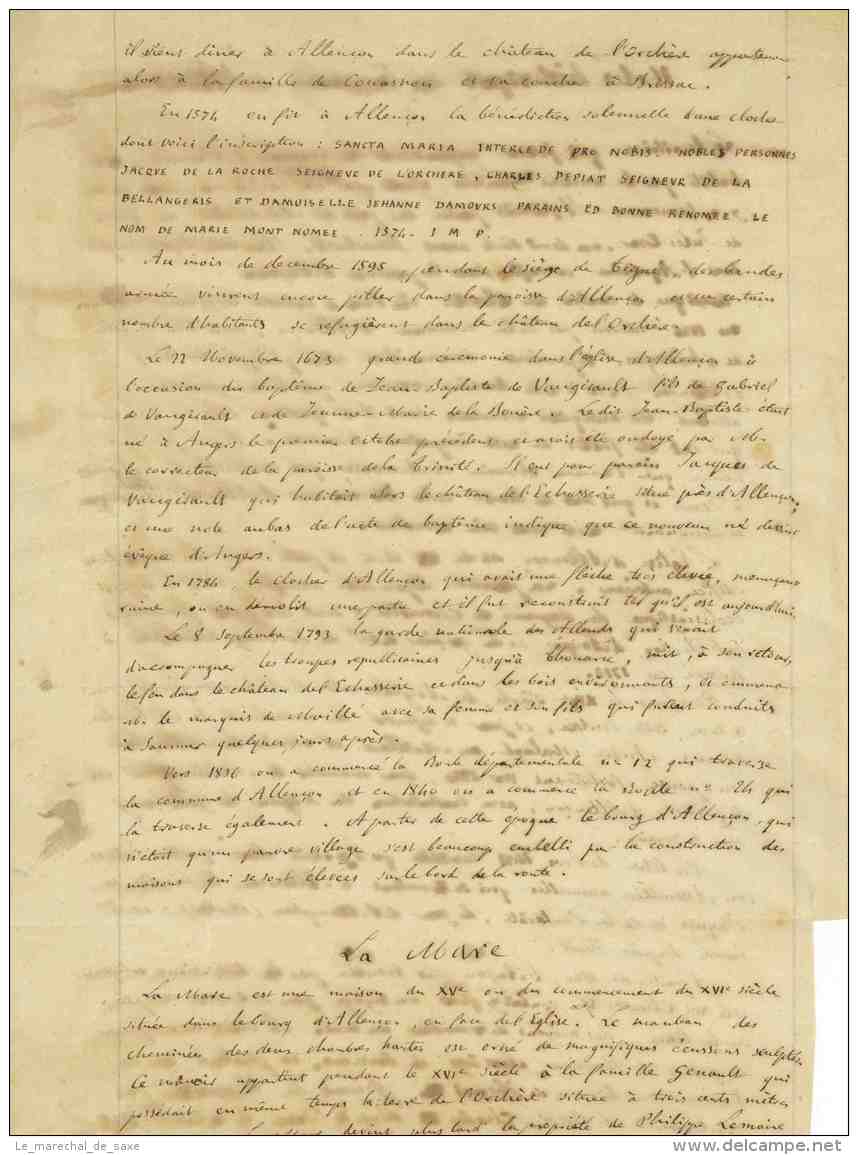 Louis RAIMBAULT (1816-1895) - Notes Historiques Sur La Commune De NOTRE-DAME-D'ALLENCON Thouarce 1869 Anjou - Historical Documents