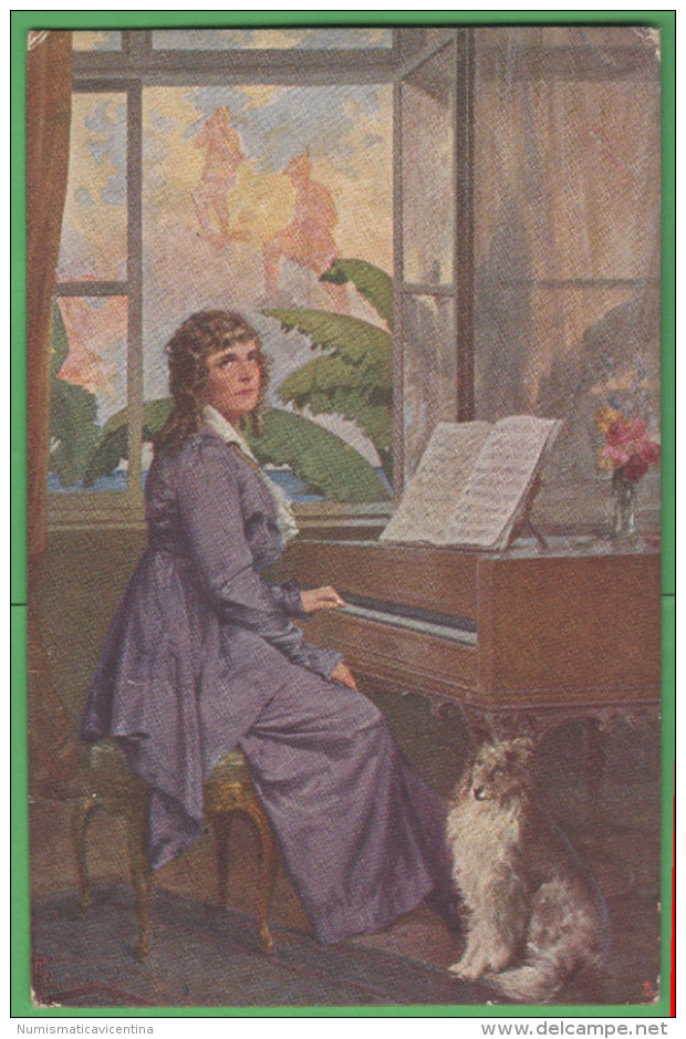 A. Marchisio Donna Al Pianoforte Con Cane Cp 1918 - Women