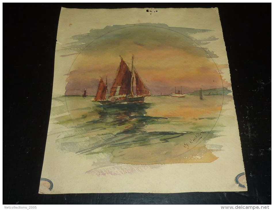 AQUARELLE RECTO VERSO 1 SIGNEE De CHARLES CURTELIN 1859-1912 - BATEAU DE PECHE VOILIERS - Acquarelli