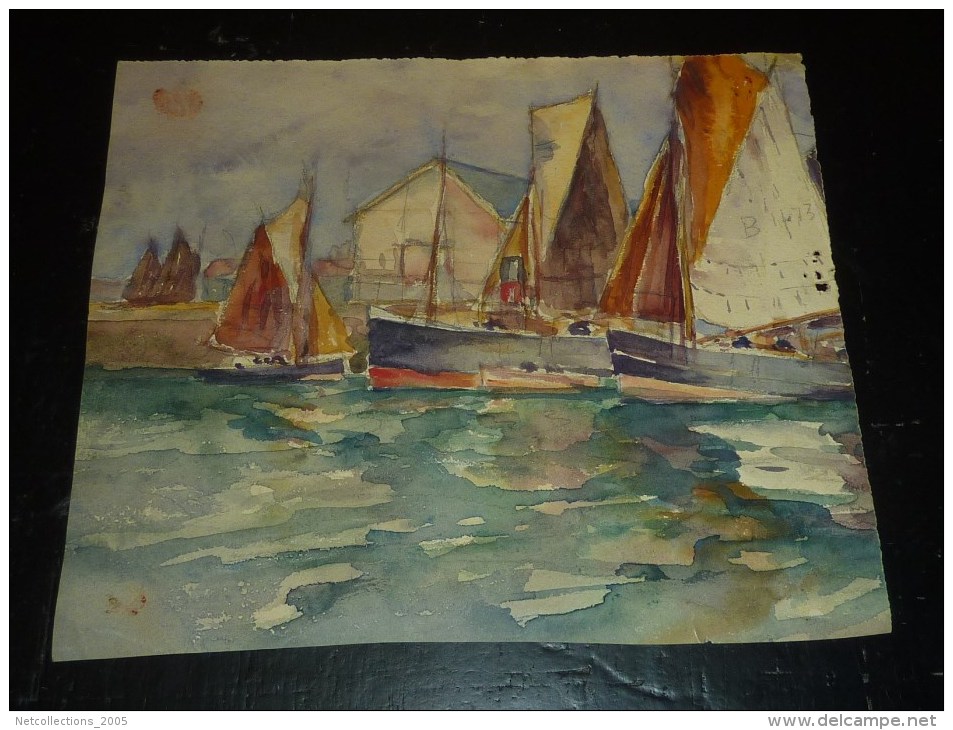 AQUARELLE RECTO VERSO 1 SIGNEE De CHARLES CURTELIN 1859-1912 - BATEAU DE PECHE VOILIERS - Acquarelli