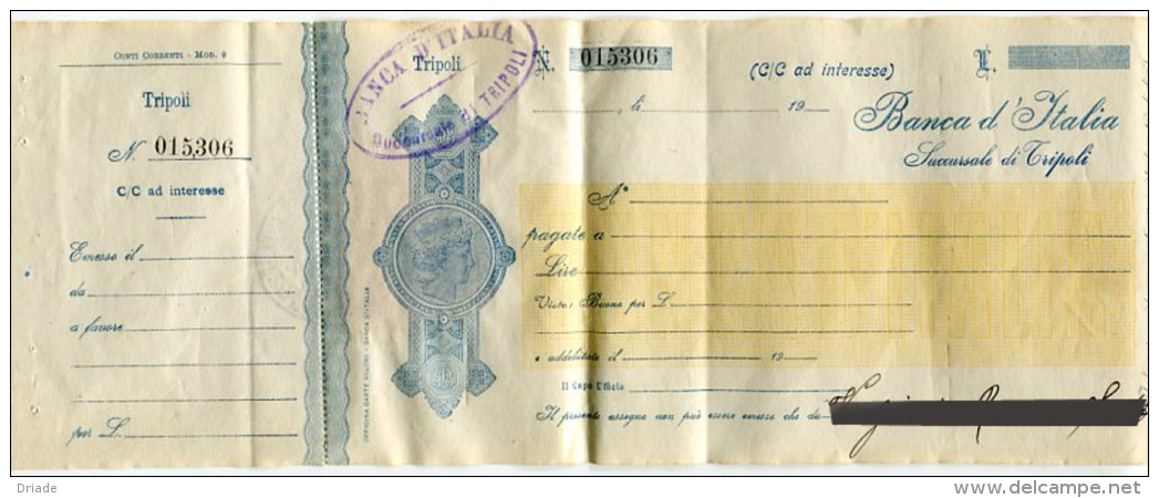 ASSEGNO BANCA D'ITALIA SUCCURSALE DI TRIPOLI ANNO 1923 CENT. 10 COLONIE ITALIANE TRIPOLITANIA - Cheques & Traveler's Cheques