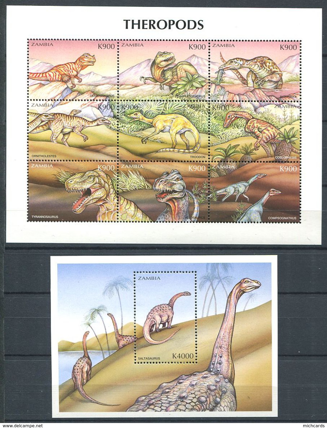 163 ZAMBIE 1999 - Faune Prehistorique Dinosaure (Yvert 834/42 - BF 54) Neuf ** (MNH) Sans Charniere - Zambie (1965-...)