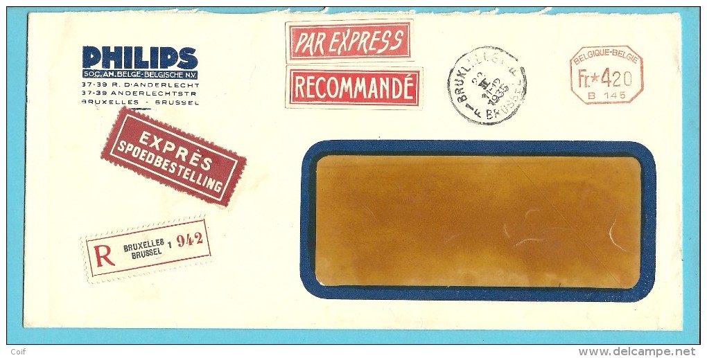 Brief Met Roodfrankeering "B145"  Aangetekend Per EXPRES Met Stempel BRUXELLES, Hoofding PHILIPS - ...-1959