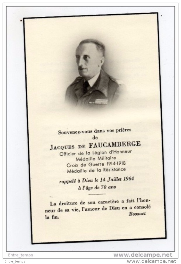 Souvenir Décès Commandant De Faucamberge Resistance Légion D'Honneur Officier - Andachtsbilder