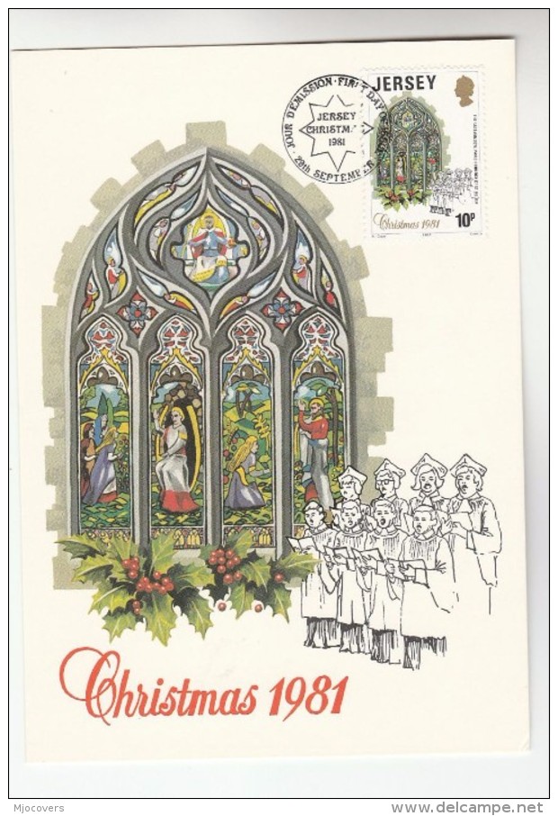 1981 JERSEY FDC Maximum Card  CHRISTMAS STAINED GLASS WINDOW ST HELLIER CHURCH  Stamps Cover Religion - Glas & Fenster