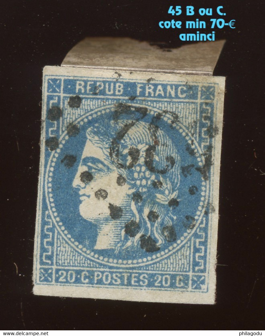 20c Bleu  Cérès,  Yv. 45 B Ou C. ?  Oblitéré Et Aminci. , Cote 70 € Minimum.  ,   Ø 532 - 1870 Emisión De Bordeaux