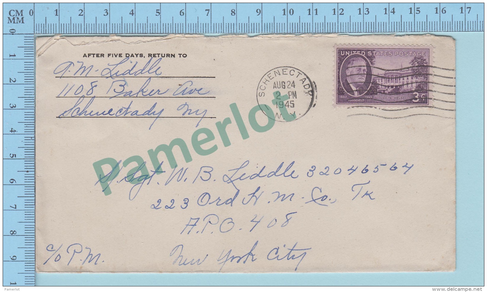 Roosevelt 3&cent; - Cover Schenectady NY. 1945 -&gt; WWII Officer Sgt. W.B.  Liddle - Militaria