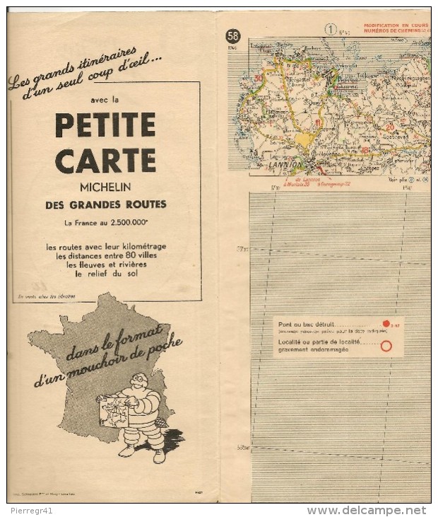 CARTE-ROUTIERE-MICHELIN-N °58-1946-BREST-QUIMPER-TBE ETAT-Pas De Plis Coupés - Cartes Routières