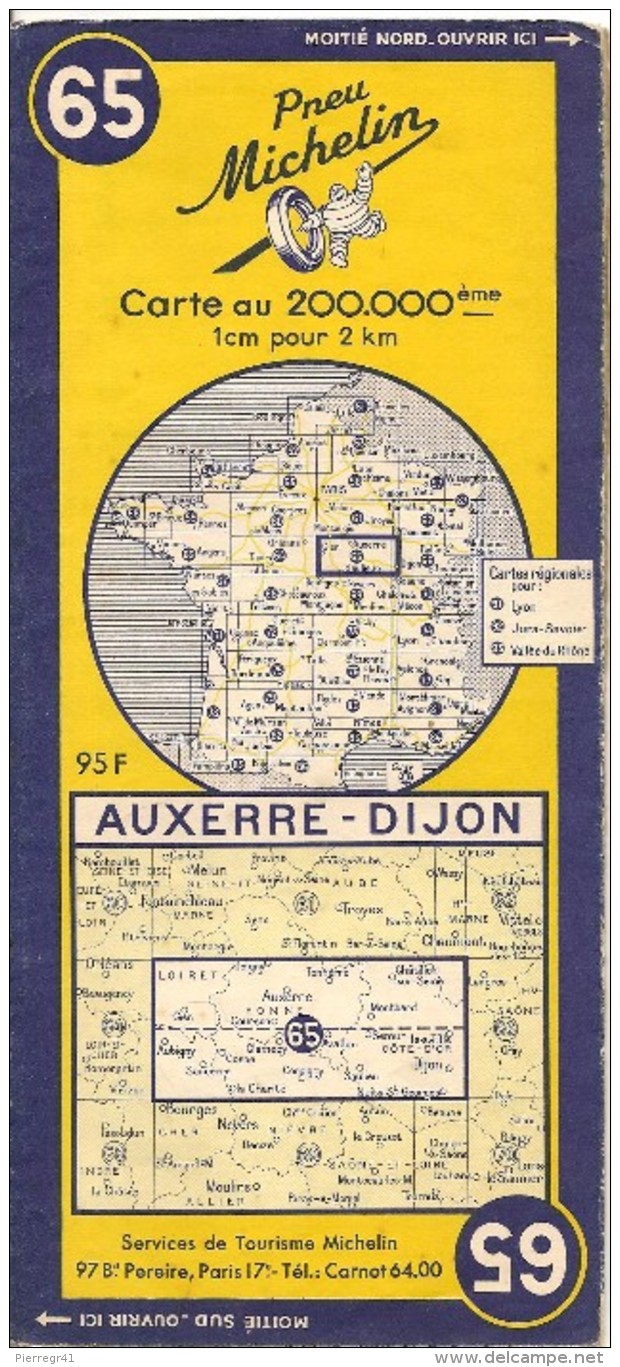 CARTE-ROUTIERE-MICHELIN-N °65-1955-AUXERRE-DIJON-TBE ETAT-Pas De Plis Coupés - Cartes Routières