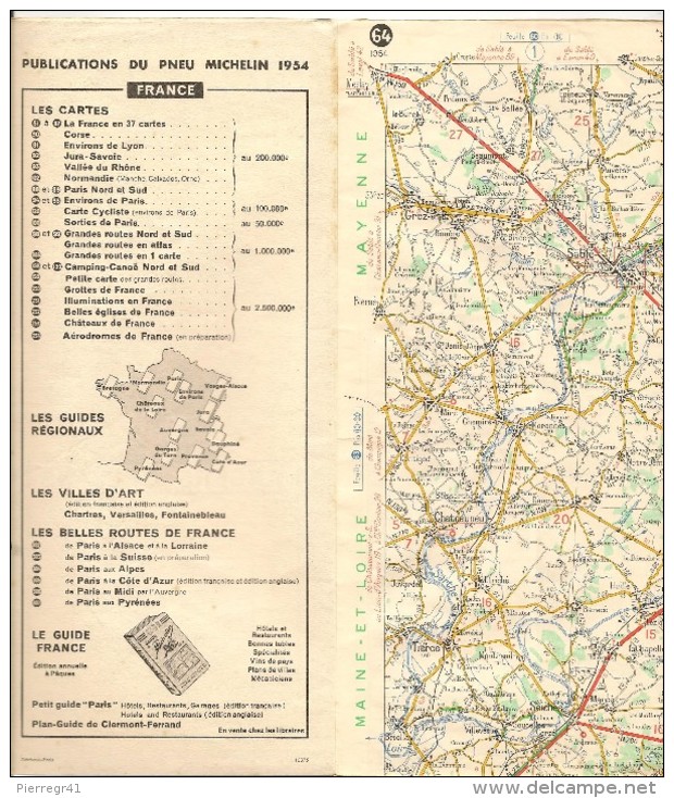 CARTE-ROUTIERE-MICHELIN-N °64-1954-ANGERS-ORLEANS-Imprim Schneider & Mary-Levallios-BE ETAT-Pas De Plis Coupés - Cartes Routières