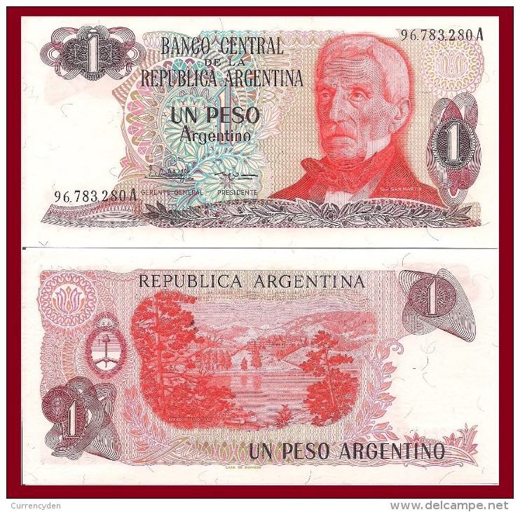 Argentina P311a. 1 Peso, San Martin / Llao-Llao Fals, Bariloche, 1983 UNC - Argentina