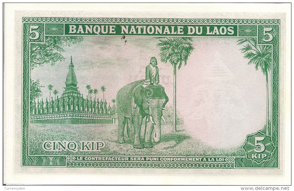 Laos P9b, 5 Kip, King Sisavang Vong / GREAT Elephant, 1962 UNC - Laos