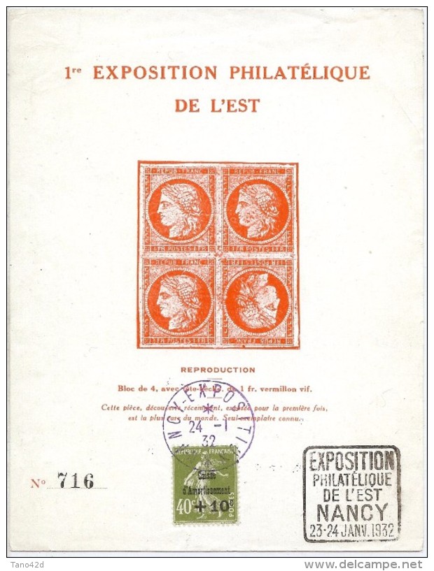 LBL38/4 - CAISSE D'AMORTISSEMENT 40c SUR FEUILLET EXPOSITION PHILATÉLIQUE DE L'EST NANCY JANVIER 1932 - Expositions Philatéliques