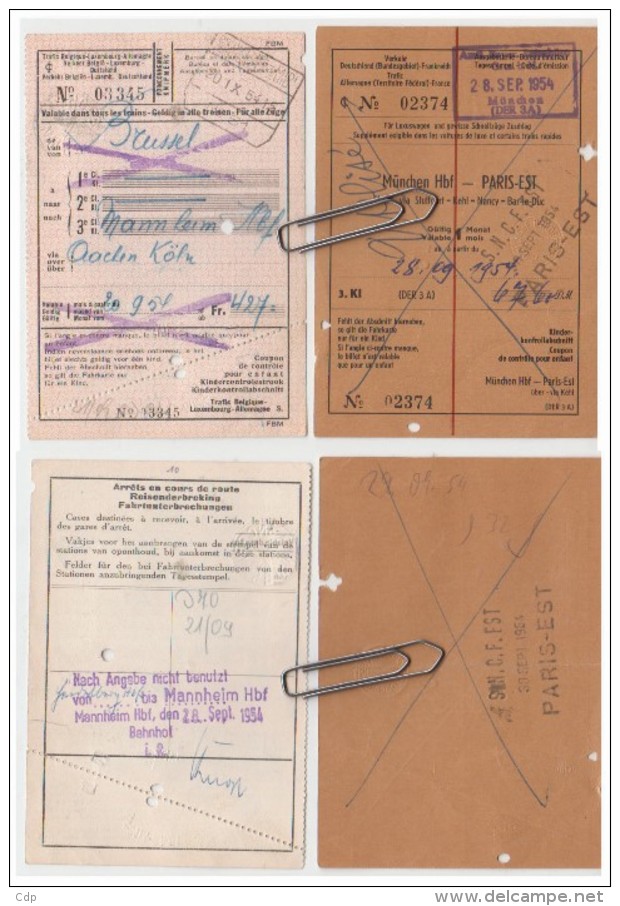 Lot 2 Titres Transport Inter  Allemagne, Luxembourg Belgique France  1954 - Autres & Non Classés