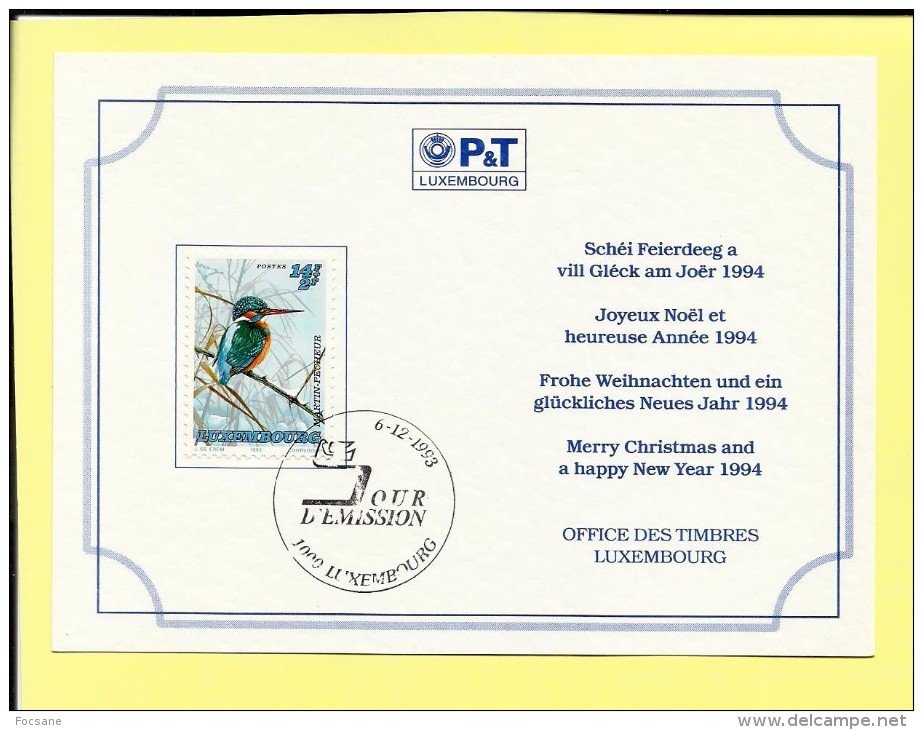 Carte Vœux  1994 Timbre Martin-pêcheur  Luxembourg - Commemoration Cards