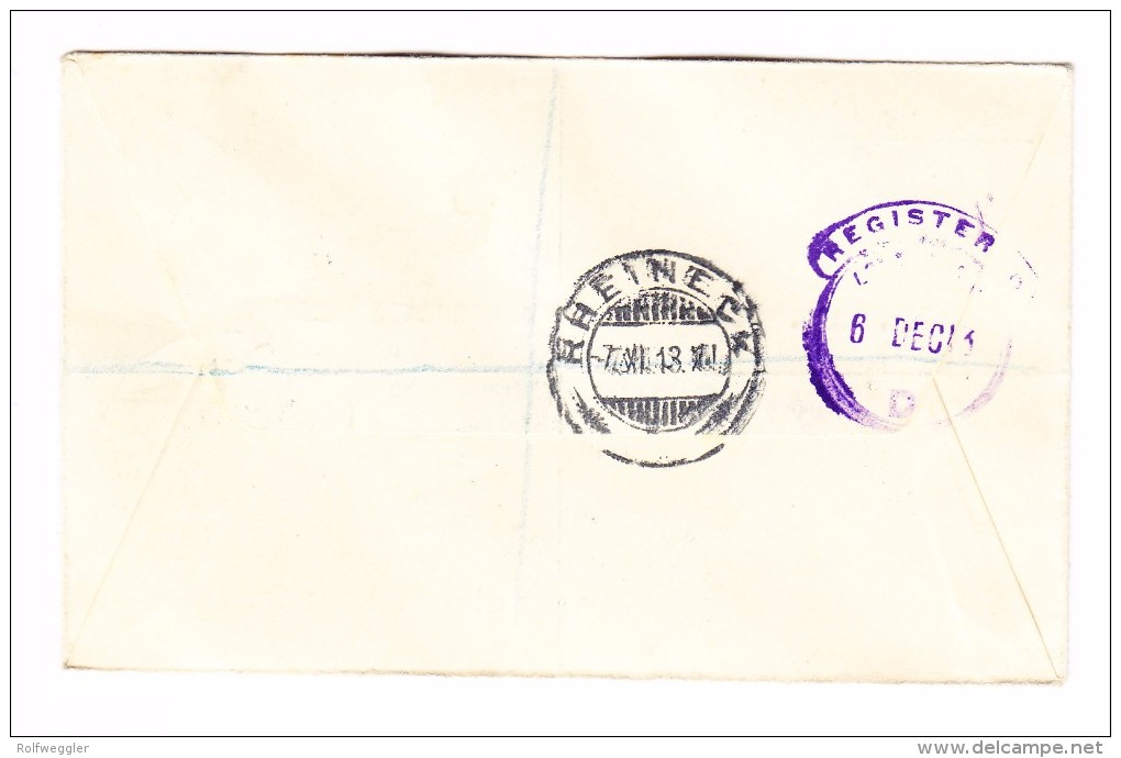 Jamaica Kingston 1913 R-Brief Via London Nach Rheineck AK-Stempel 7.12.1913 Mit 3 Marken Jamaica Und 1 Sta Lucia - Jamaïque (...-1961)