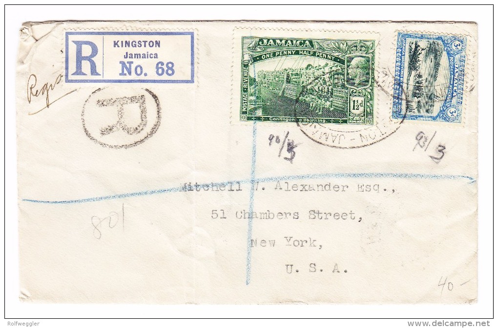 Jamaica Kingston 1913 R-Brief Nach USA Ankunftsstempel  New-York 3.3.1923 - Jamaïque (...-1961)