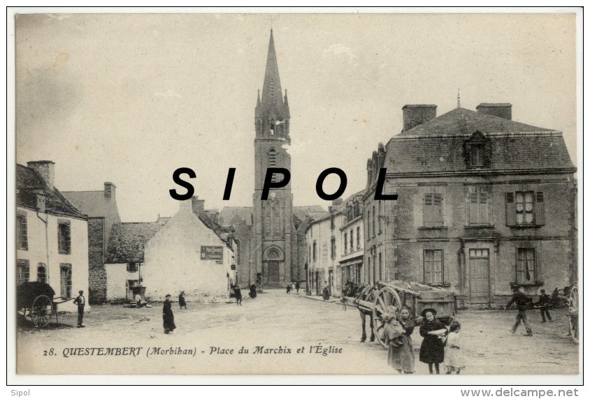 Questembert 28 Place Du Marchix Et L Eglise  Animée  Attelage  Dos Divisé ,vert Daté De 1918 - Questembert