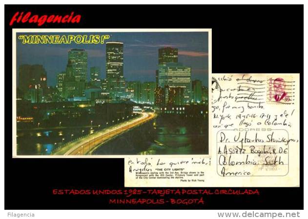 AMERICA. ESTADOS UNIDOS. ENTEROS POSTALES. TARJETA POSTAL CIRCULADA 1985. MINNEAPOLIS-BOGOTÁ - Altri & Non Classificati