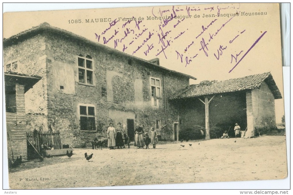 Maubec 1912: Ferme De Monquin, Séjour De Jean Jacques Rousseau - Circ. With 2 Stamps. (P. Martel - Lyon) - Autres & Non Classés