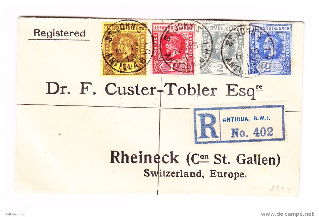 Antigua St John's 13.11.1913 Leeward Island 4 Farben Frankatur R-Brief Nach Rheineck SG - 1858-1960 Colonie Britannique