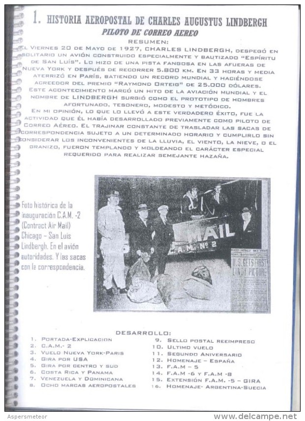 HISTORIA AEROPOSTAL DE CHARLES AUGUSTUS LINDBERGH PILOTO DE CORREO AEREO LIBRO DE ALGERIO NONIS 64 PAGINAS - Luftpost & Postgeschichte