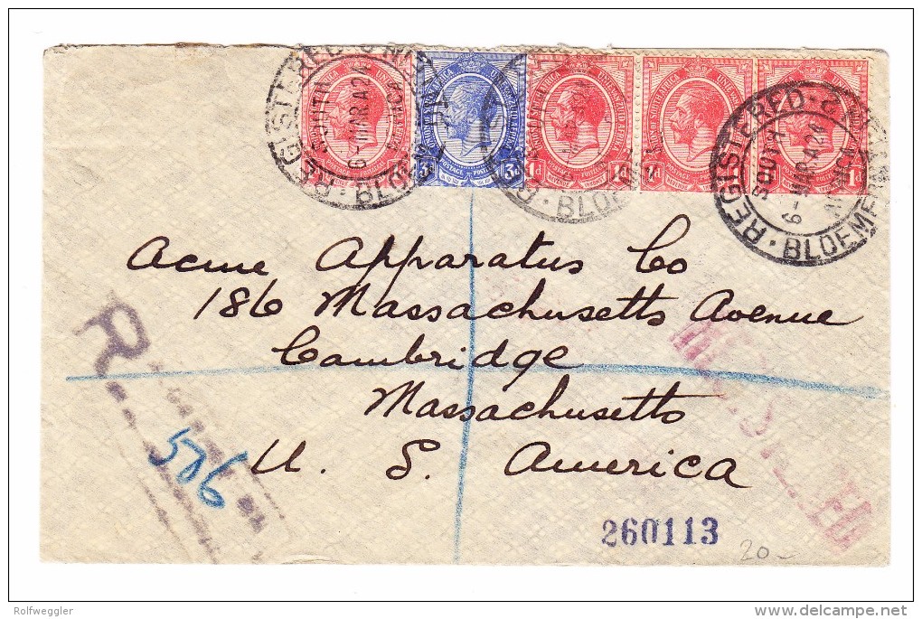 Südafrika 6.3.1924 Bloemfontein R-Brief Nach Cambridge MA USA - Covers & Documents