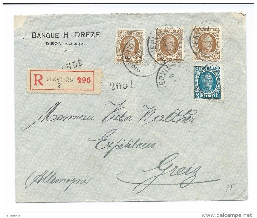 Lettre Recommandée De Verviers 2 Vers Greiz De 1927 - - 1922-1927 Houyoux