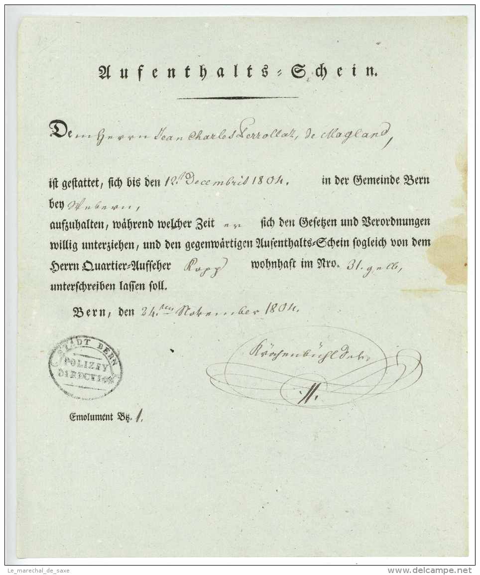 BERN 1804 - Aufenthaltsschein - Jean Charles Perrollaz De Magland - Krähenbühl - Schweiz Suisse Berne - Documents Historiques