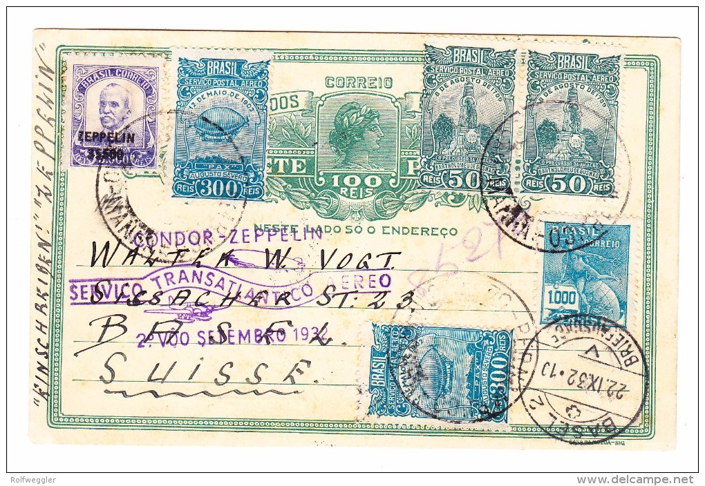 Brasilien Recife 16.9.1932 Ganzsache 100 Reis Und Zusatzfrankatur Mit Condor-Zeppelin Nach Basel - Lettres & Documents