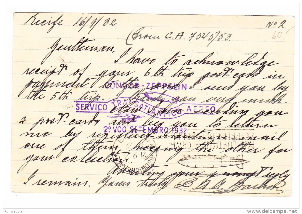 Brasilien Recife 16.9.1932 Ganzsache 100 Reis Und Zusatzfrankatur Mit Condor-Zeppelin Nach Basel - Lettres & Documents
