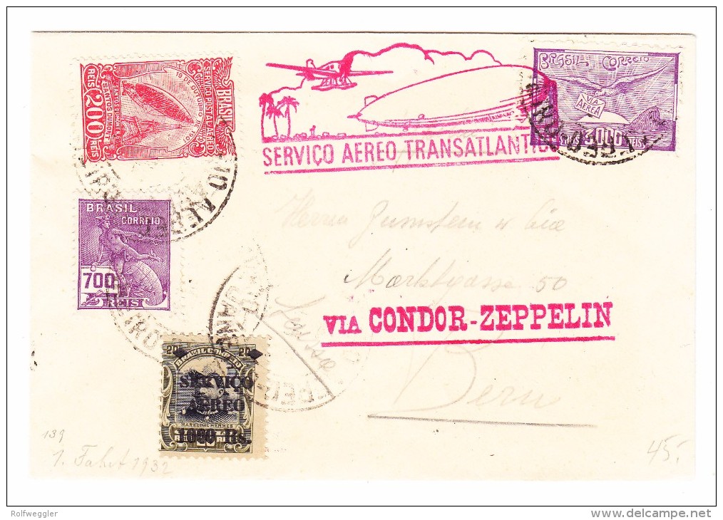 Brasilien Pernambuco Brief 1932 Mit Condor-Zeppelin Nach Bern Transitstempel 29.3.1932 Friedrichshafen - Lettres & Documents