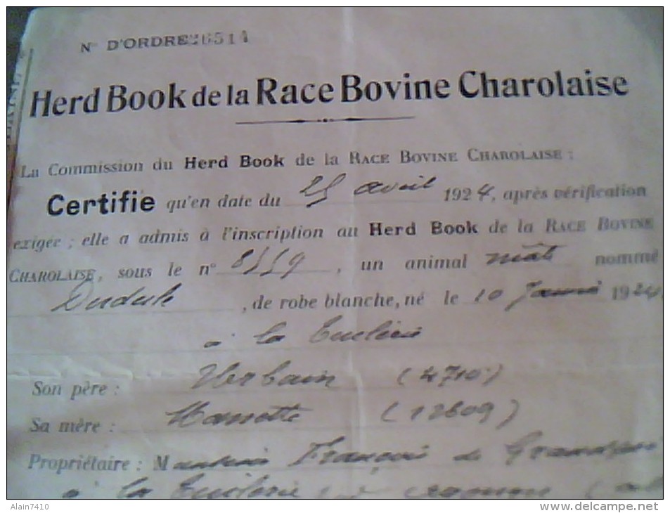 Vieux Papiers  Document Comercial Certificat  Her Book De La Race Bovine Charolaise Annee 1924 Thuilliere - Agriculture