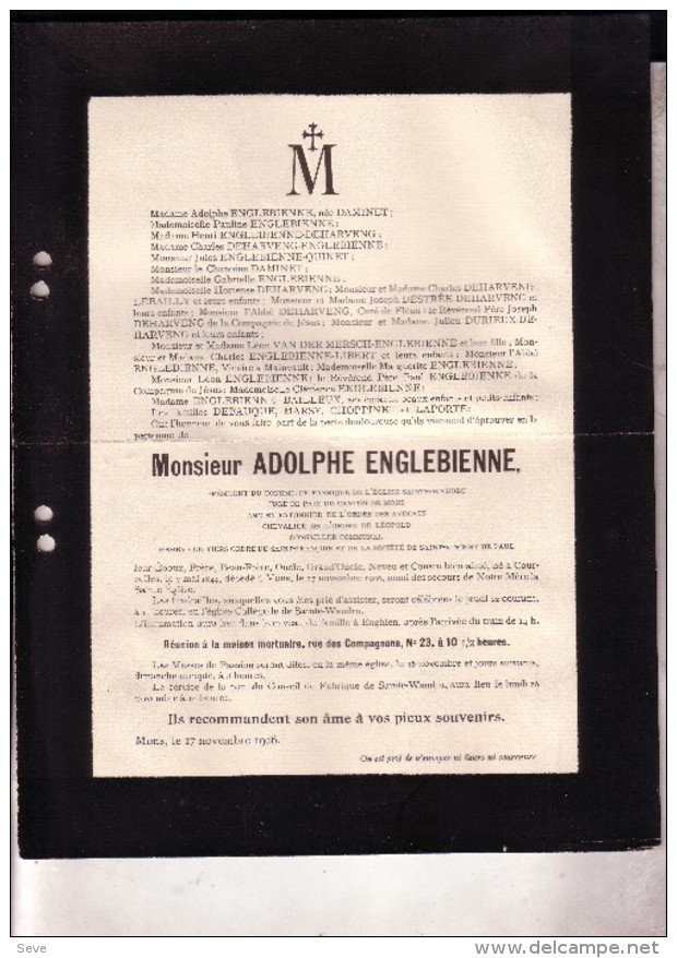 COURCELLES MONS Adolphe ENGLEBIENNE 1844-1906 époux DAMINET Enterré ENGHIEN Président Fabrique Sainte-Waudru - Avvisi Di Necrologio