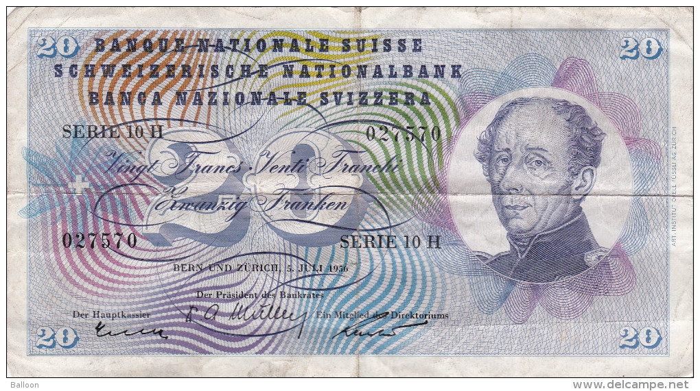 SUISSE - Billet De 20 Francs - 05.07.1956 - Série 10 H - Suisse