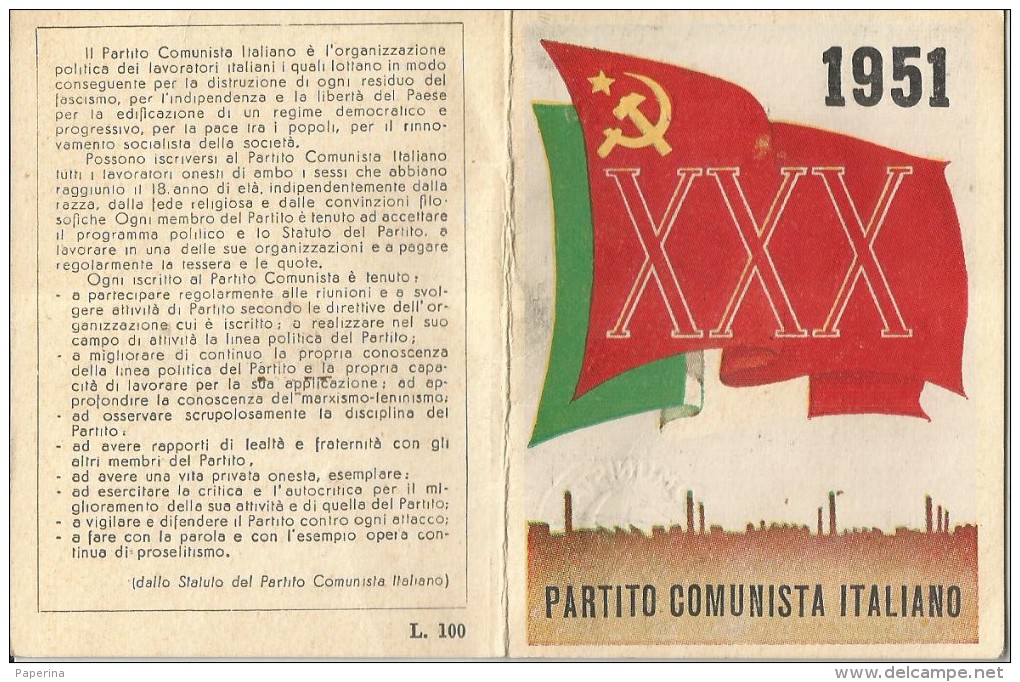 TESSERA PARTITO COMUNISTA ITALIANO 1951 - Sin Clasificación