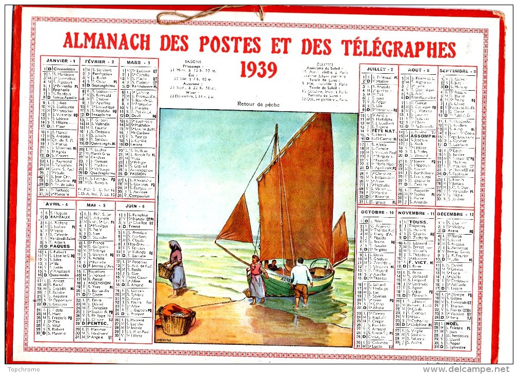 Calendrier Des Postes Et Des Télégraphes Loiret Oller 1939 Retour De Pêche LABOURE 8 Pages - Grand Format : 1921-40