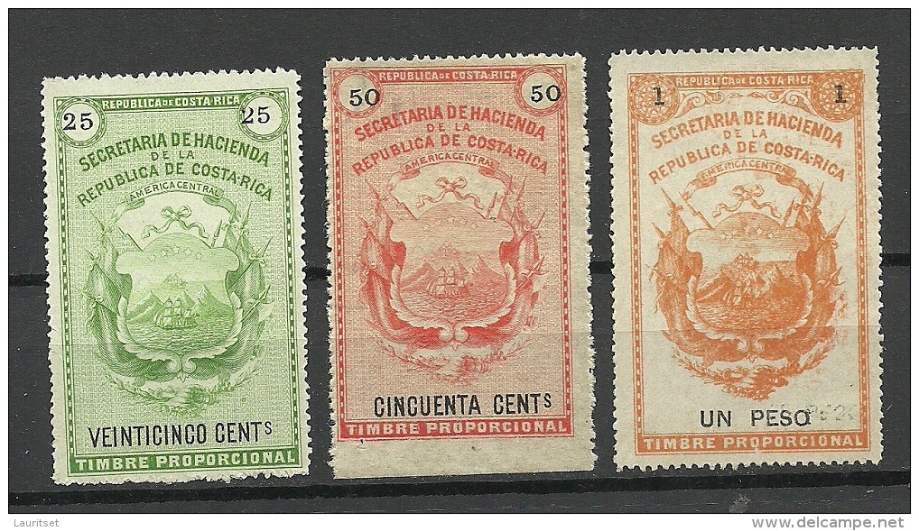 COSTA RICA 3 Old Revenue Stamps Steuermarken Timbre Proporcional (*) - Costa Rica