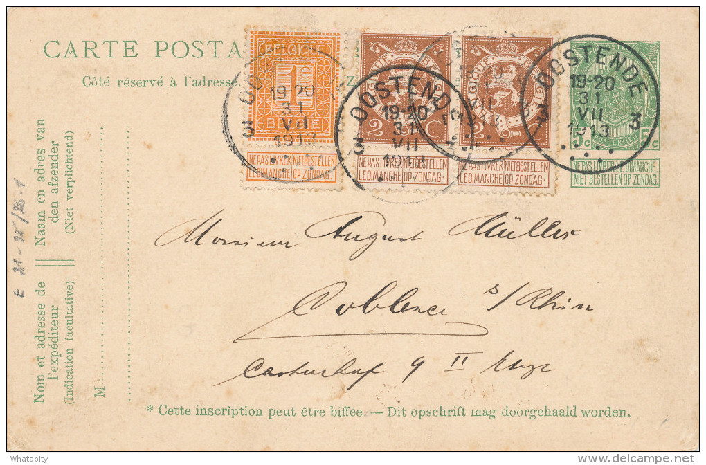 Entier Postal Armoiries PAQUEBOT Princesse Elisabeth + TP Compléments Pellens OOSTENDE 1913 Vers Allemagne - XX459 - Liner Cards