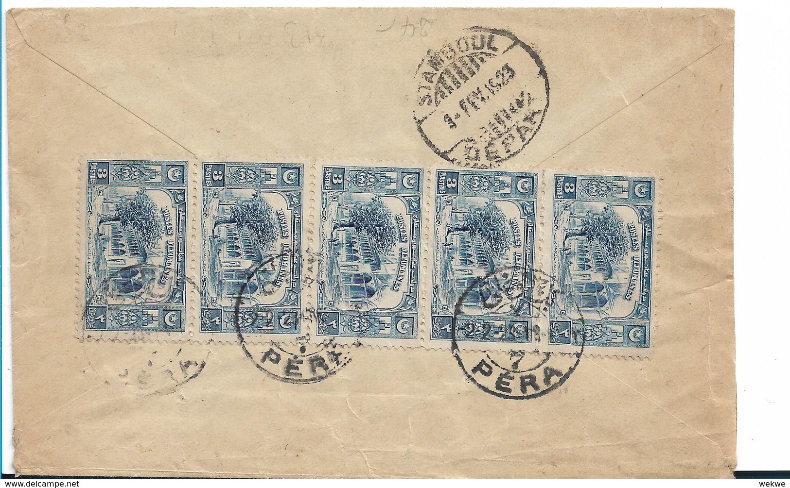 Tur107a / -  TÜRKEI -/ Pera - Paris Per Einschreiben 1923 Mit 5-er Streifen Frankiert - Covers & Documents