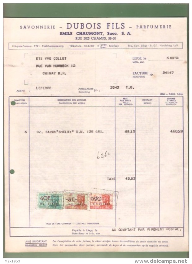 Facture - SAVONNERIE - PARFUMERIE DUBOIS FILS  -Liège - 1950 - Droguerie & Parfumerie