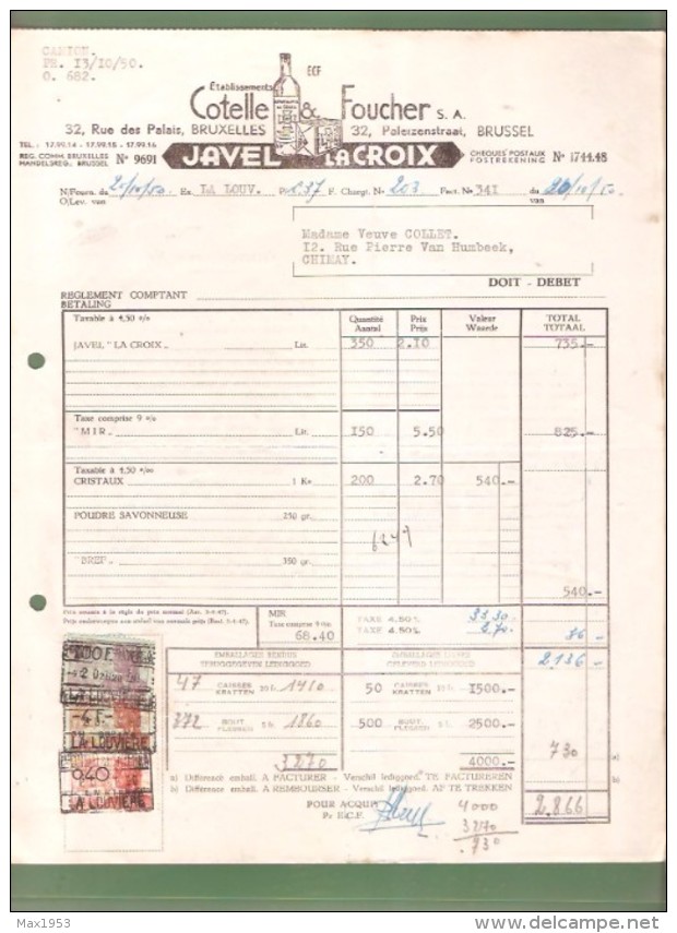 Facture - Etablissements Cotelle & Foucher S.A. JAVEL LACROIX - Bruxelles - 1950 - Perfumería & Droguería