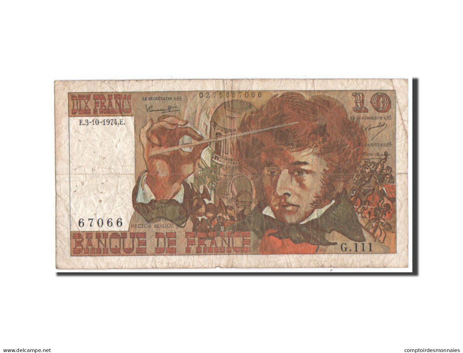 Billet, France, 10 Francs, 1974, 03.10.1974, B+, Fayette:63.7b, KM:150a - 10 F 1972-1978 ''Berlioz''