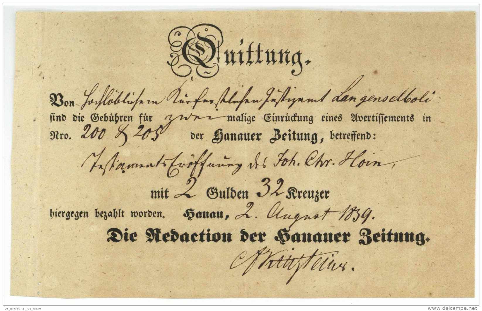 HANAU - Hanauer Zeitung 1839 - Quittung - Kinsteiner - Langenselbold - Documents Historiques