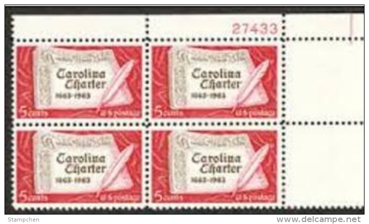 Plate Block -1963 USA Carolina Charter Stamp Sc#1230 Book Guill Pen Calligraphy - Plate Blocks & Sheetlets