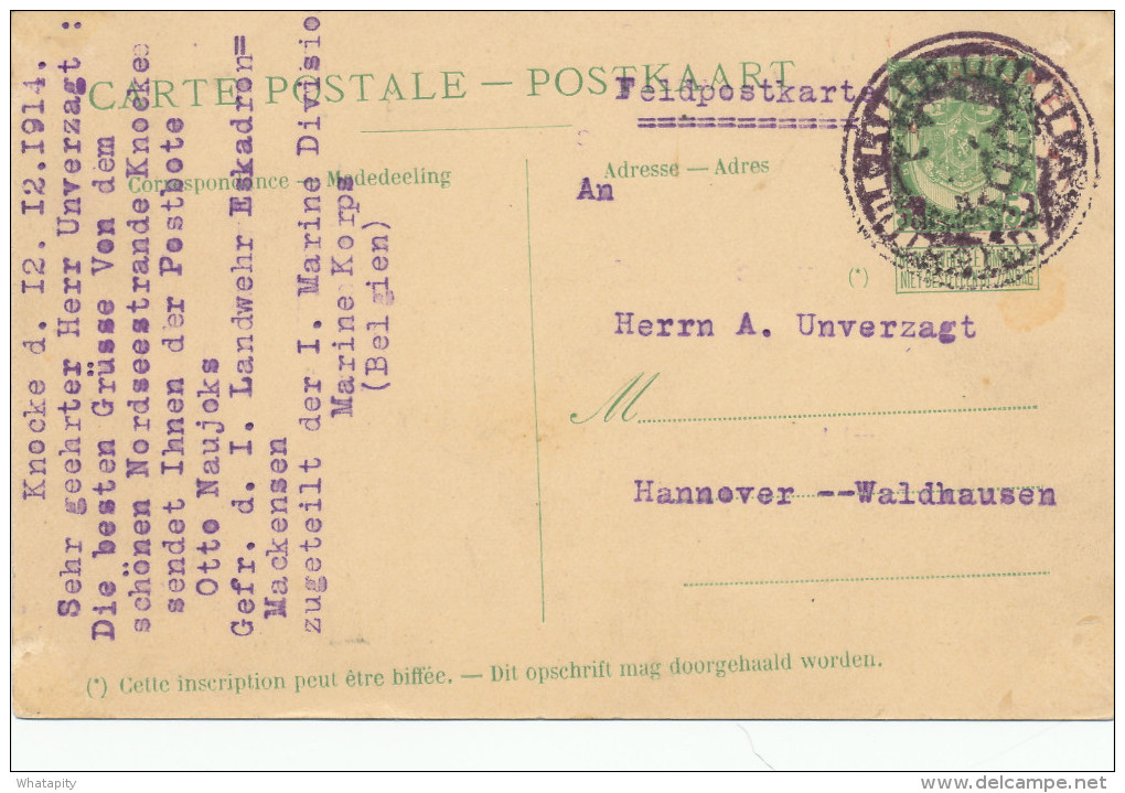 Entier Postal Armoiries PAQUEBOT Pieter Deconinck KNOKKE 1914 Vers Allemagne - Cachet En Négatif MARINEKORPS - XX460 - Liner Cards
