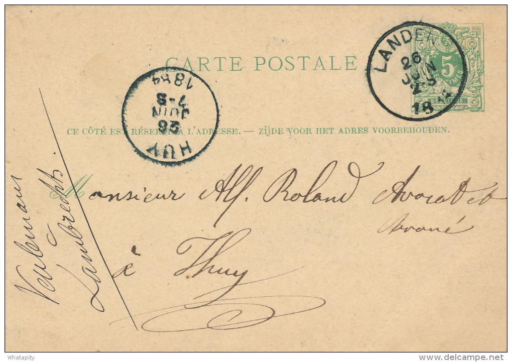 Entier Postal Lion Couché LANDEN 1884 - Origine Manuscrite ELIXEM - Signé Veulemans - XX465 - Cartes Postales 1871-1909