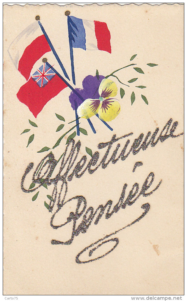 Militaria - Guerre 39-45 - Drapeau Alliés - Carte Peinte Paillettes - Weltkrieg 1939-45