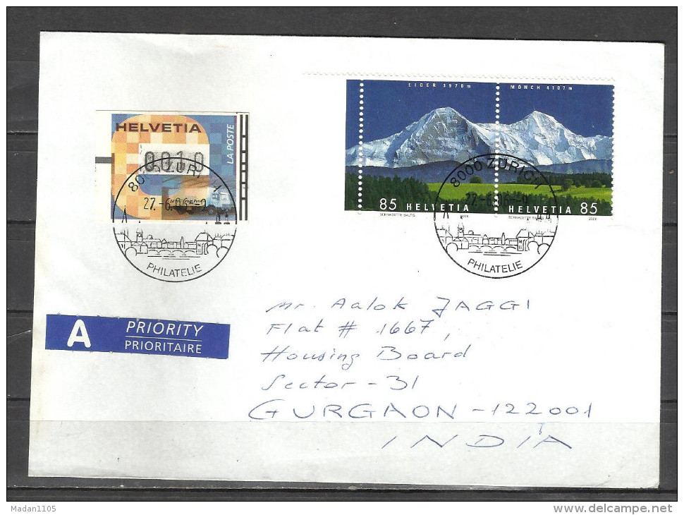 SWITZERLAND, 2006 COVER  Airmail To India Affixed With Pair Setenant Mountains Eiger/Munch & Distributer Stamps - Storia Postale