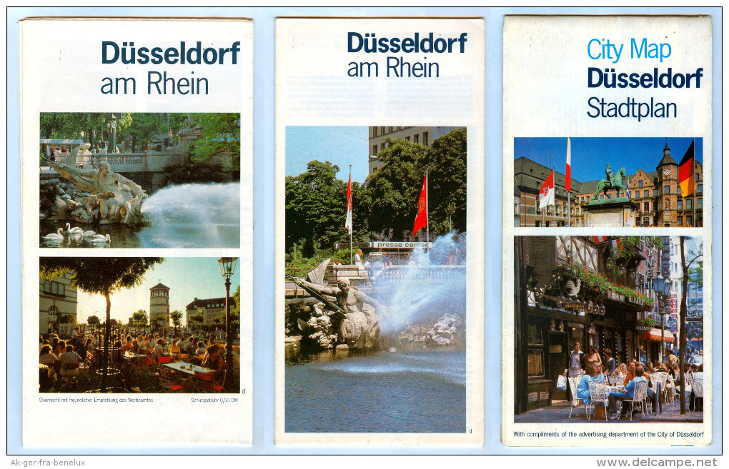 3 X Landkarte Gratis-/Werbe-Stadtplan Düsseldorf 1980er Nordrhein-Westfalen NRW Landkarten Stadtpläne Deutschland Map - Mapamundis